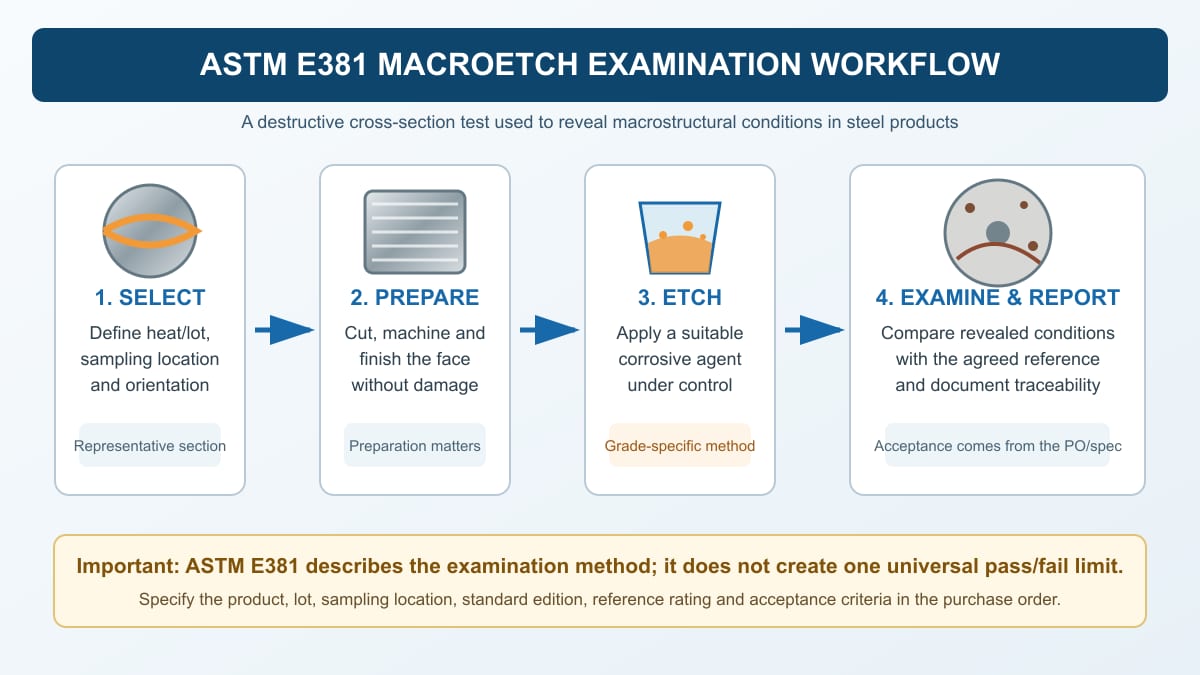 ASTM E381 macroetch examination workflow for steel bars from representative sampling through preparation, etching, examination and reporting