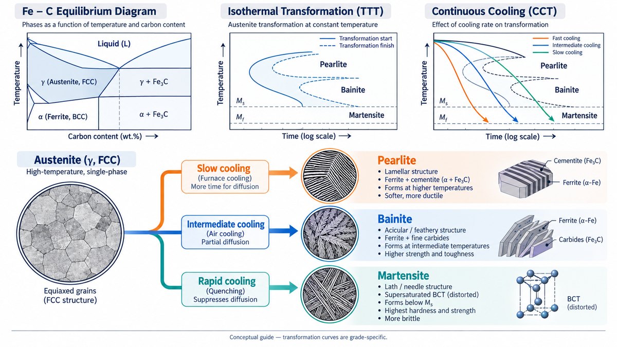 Overview of iron-carbon, TTT and CCT diagrams and austenite transformation into pearlite, bainite and martensite