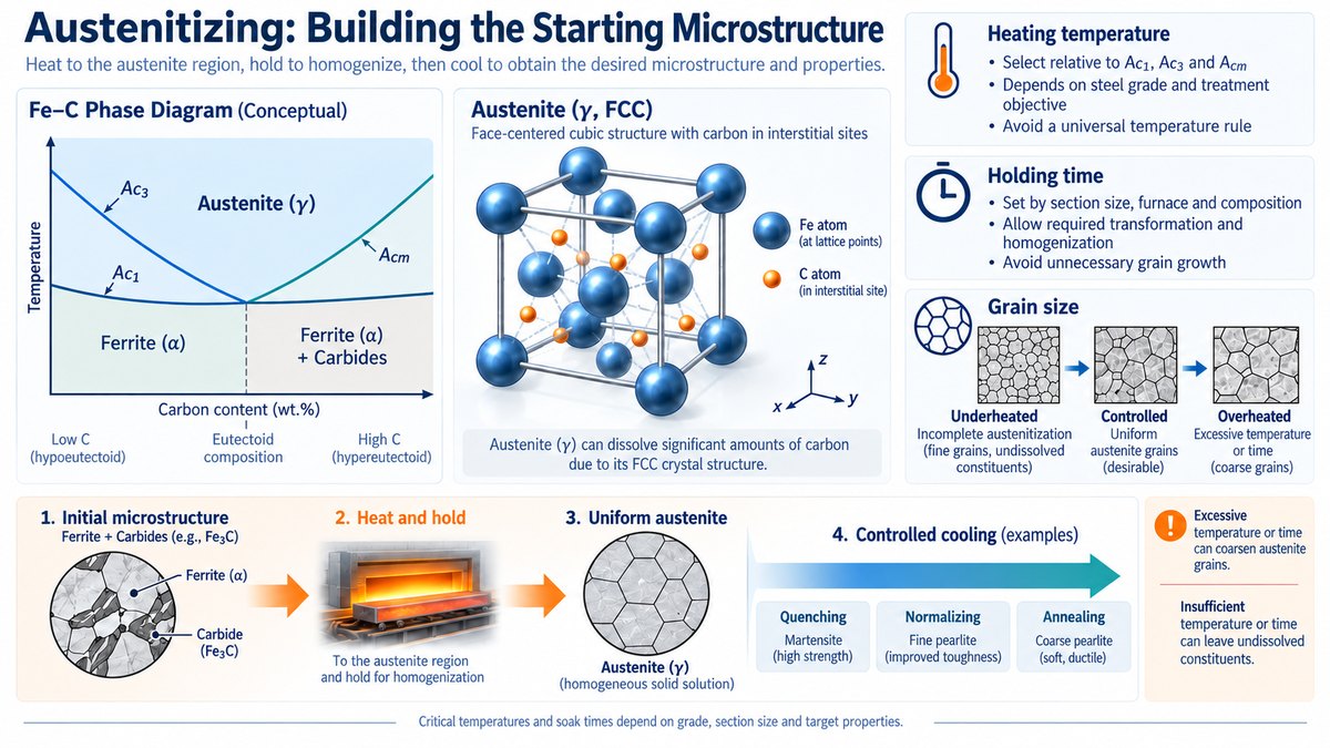 Austenitizing steel showing critical temperatures, FCC austenite, carbon solubility and grain growth