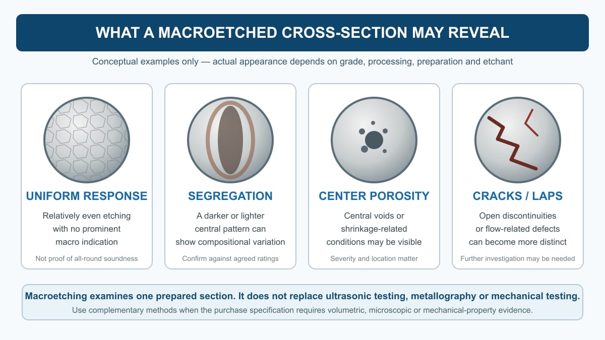 Conceptual comparison of uniform macroetch response, center segregation, center porosity and cracks or laps in steel bar cross-sections