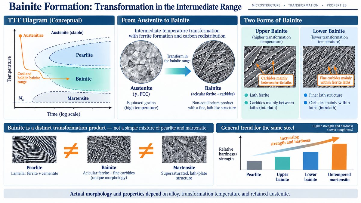 Upper and lower bainite formation in the intermediate temperature region of a TTT diagram
