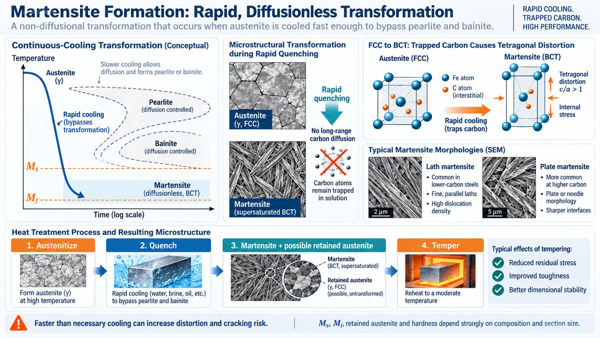 Martensitic transformation showing rapid cooling, Ms and Mf temperatures, BCT structure and retained austenite