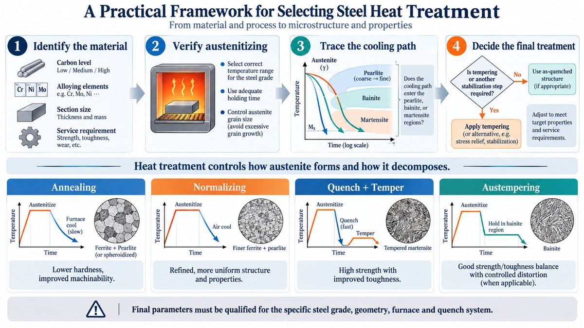 Steel heat treatment selection workflow for annealing, normalizing, quenching and tempering, and austempering
