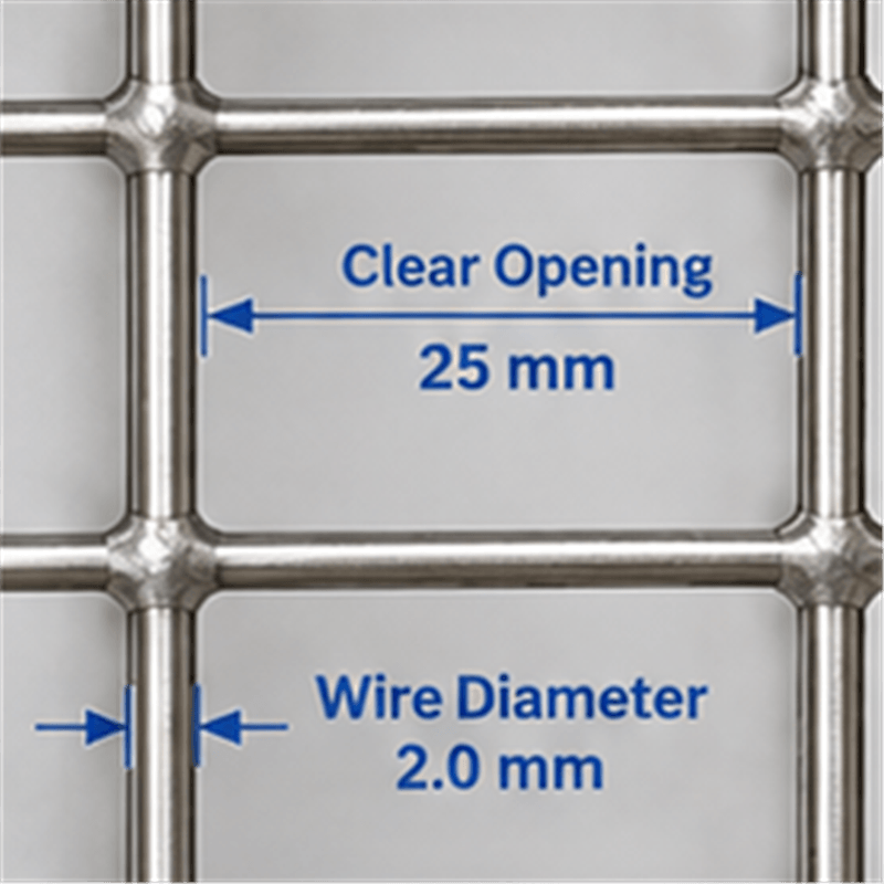 Stainless steel welded wire mesh close-up showing welded joint and square opening