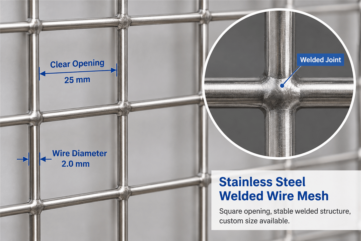 Stainless steel welded wire mesh showing wire diameter clear opening and welded intersection