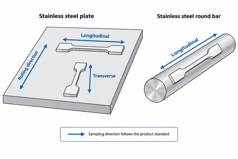 Longitudinal and transverse tensile sampling from stainless steel plate and round bar