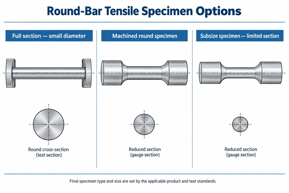Tensile specimen options for stainless steel round bar