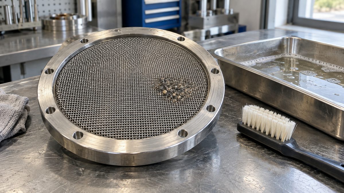 Stainless steel mesh filter with trapped particles beside a cleaning tray and brush