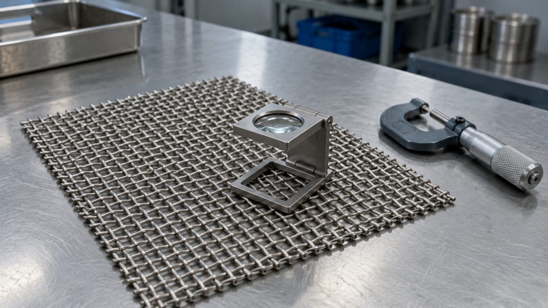 Stainless steel woven wire mesh sample with a folding magnifier and micrometer on an inspection bench