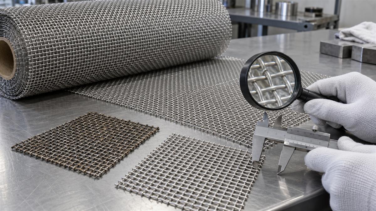 Stainless steel woven wire mesh being inspected for corrosion and broken wires