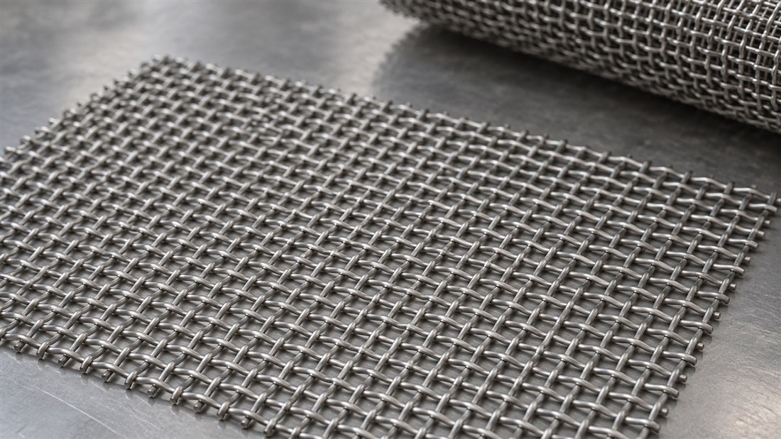 Close-up of a stainless steel woven wire mesh sheet with a mesh roll in the background