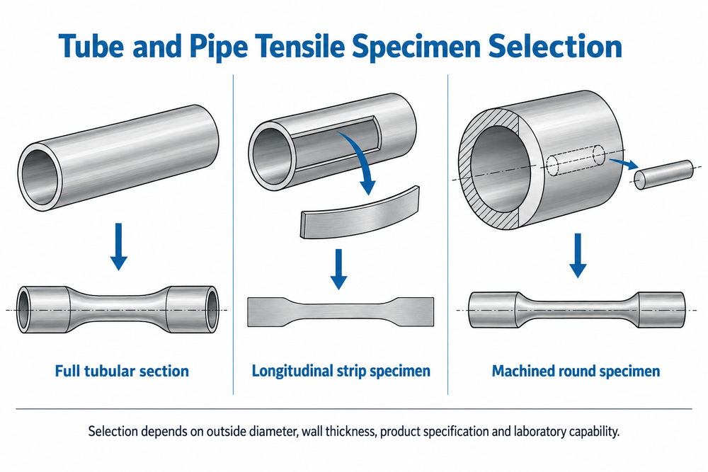 Tensile specimen choices for stainless steel pipe and tube