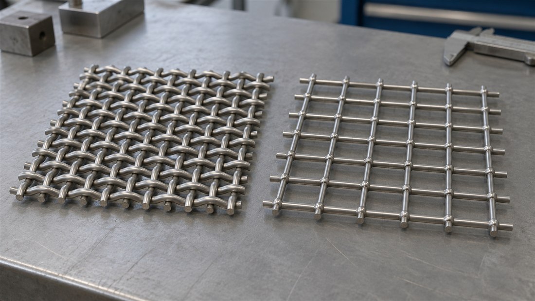 Woven and welded stainless steel wire mesh samples side by side on an inspection bench